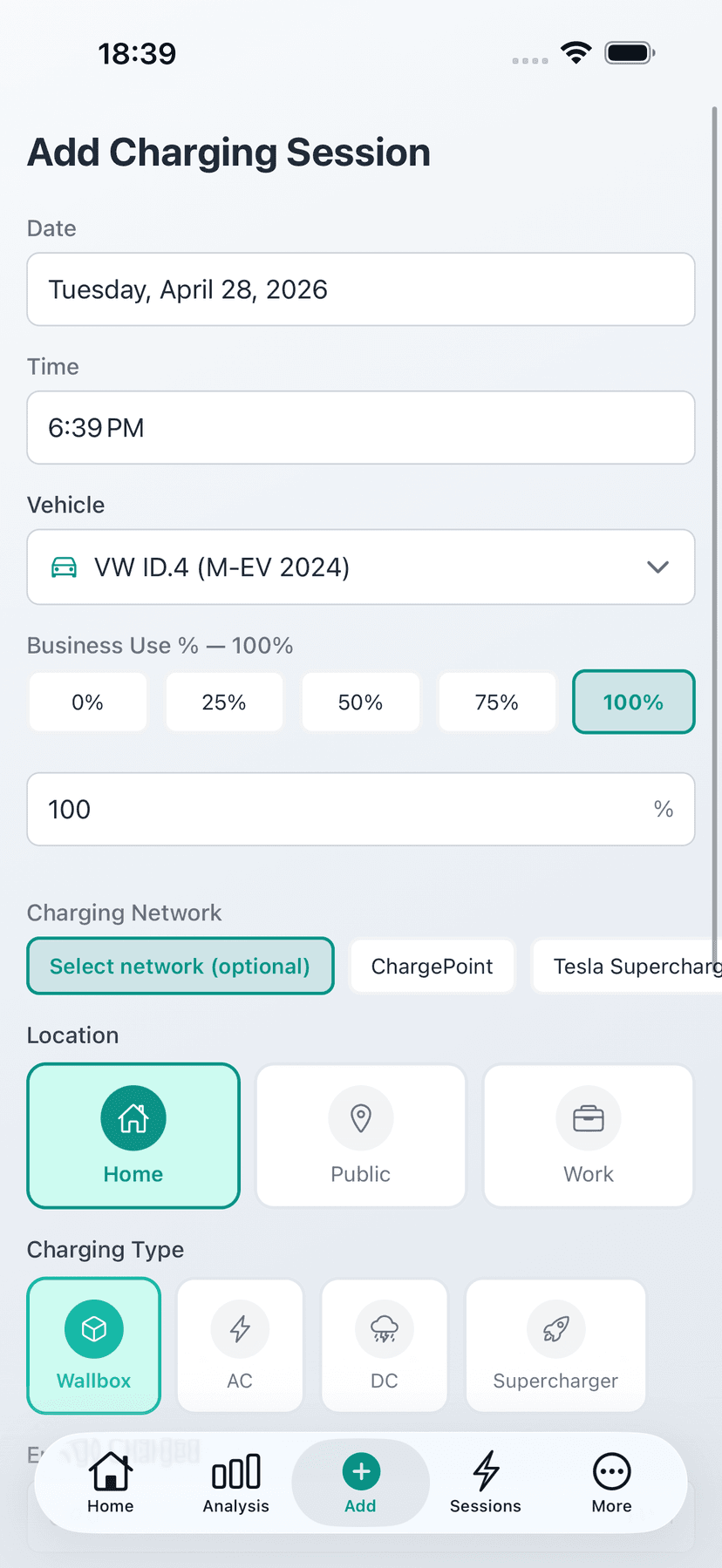 Record in seconds - Add public charging sessions manually in seconds — date, kWh, and price