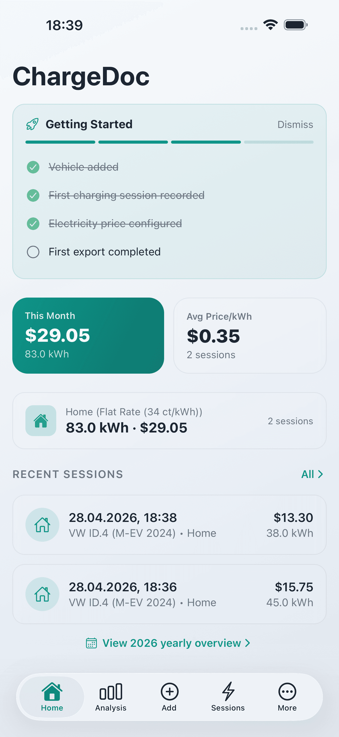 ChargeDoc app dashboard showing monthly charging cost overview
