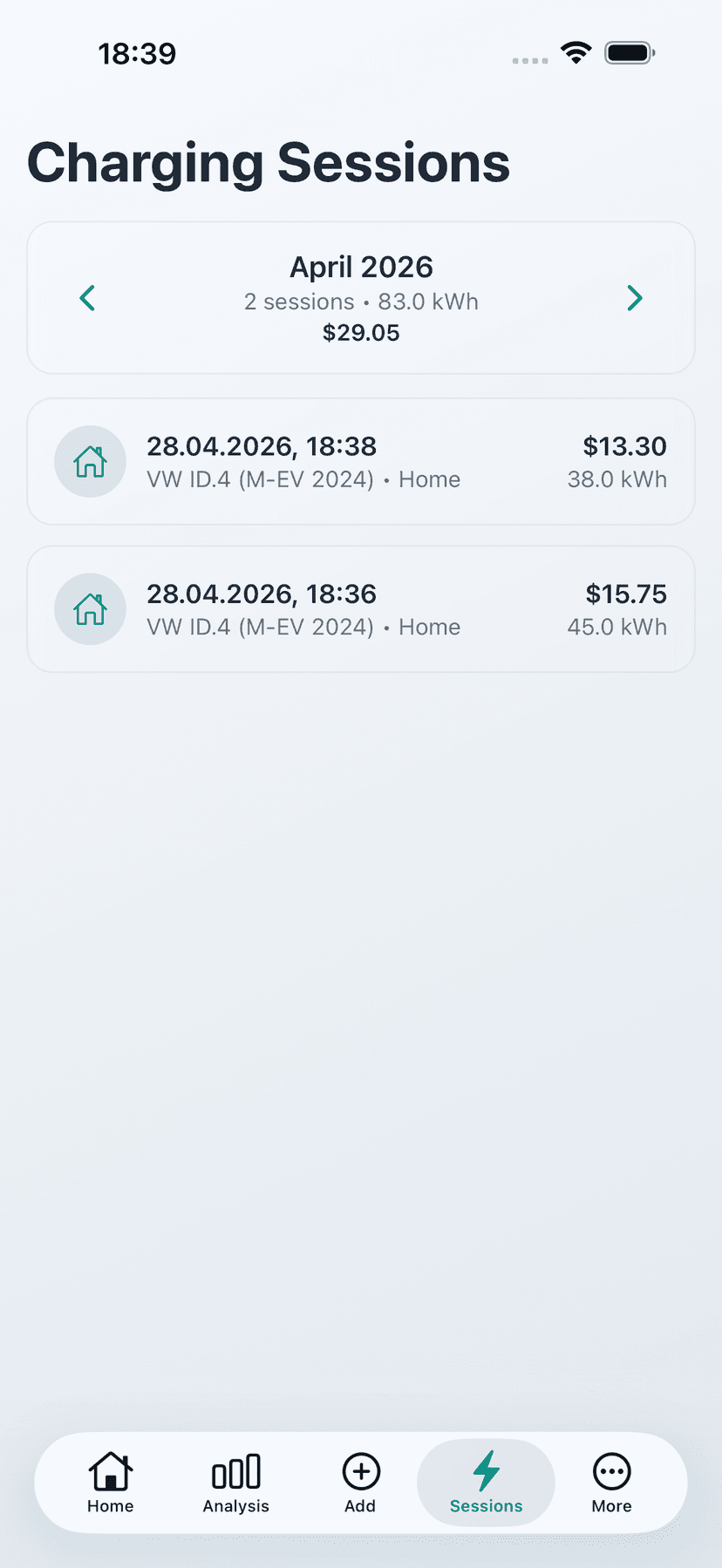 Log every charge - Every charging session documented automatically — date, kWh, and cost