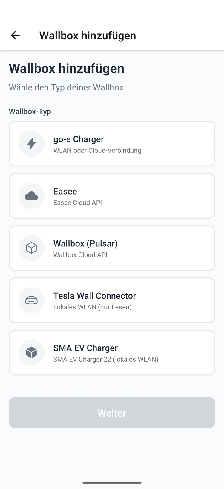 Selecting the "go-e Charger" wallbox type