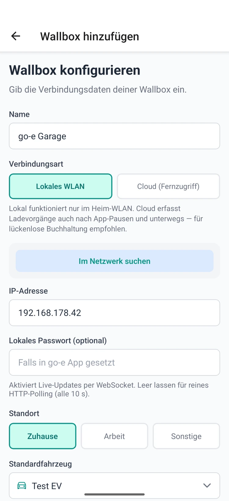 Setting up go-e in local WiFi mode: name, IP address and optional password