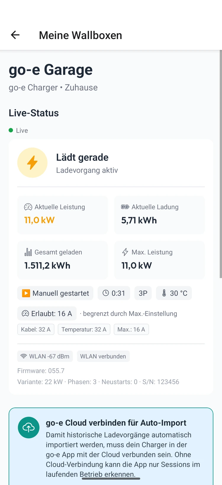 Live status of the go-e with power, energy charged and details