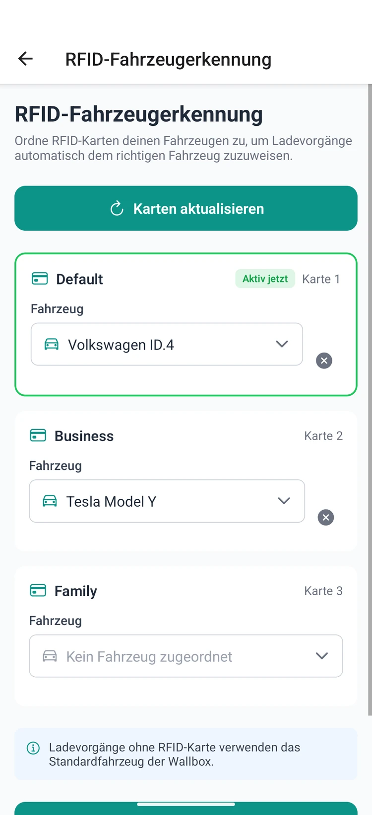 Assigning RFID cards to vehicles: Default → Volkswagen ID.4, Business → Tesla Model Y