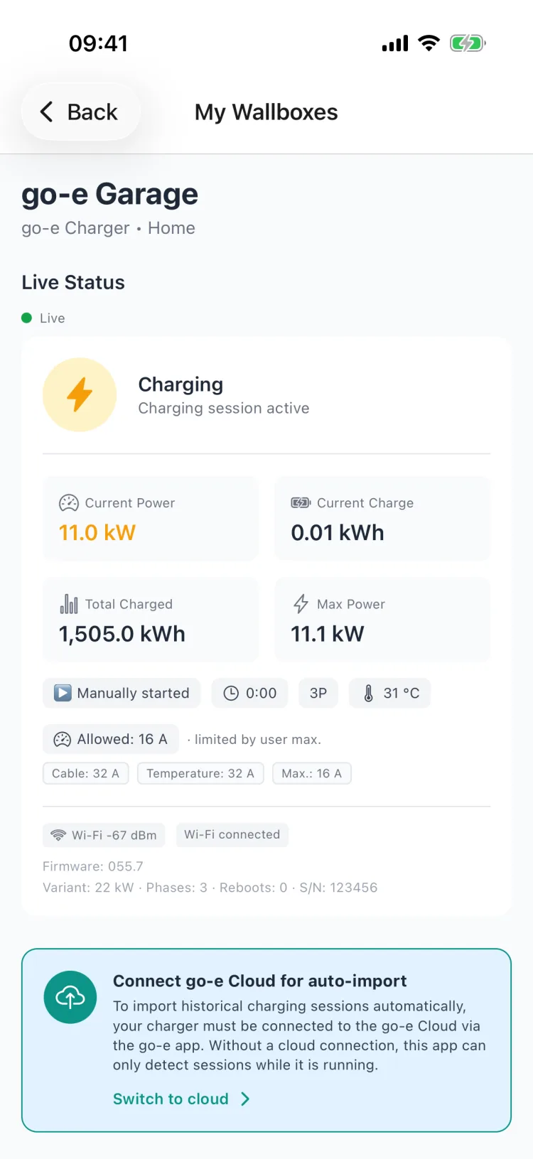 Live status of the go-e with power, energy charged and details