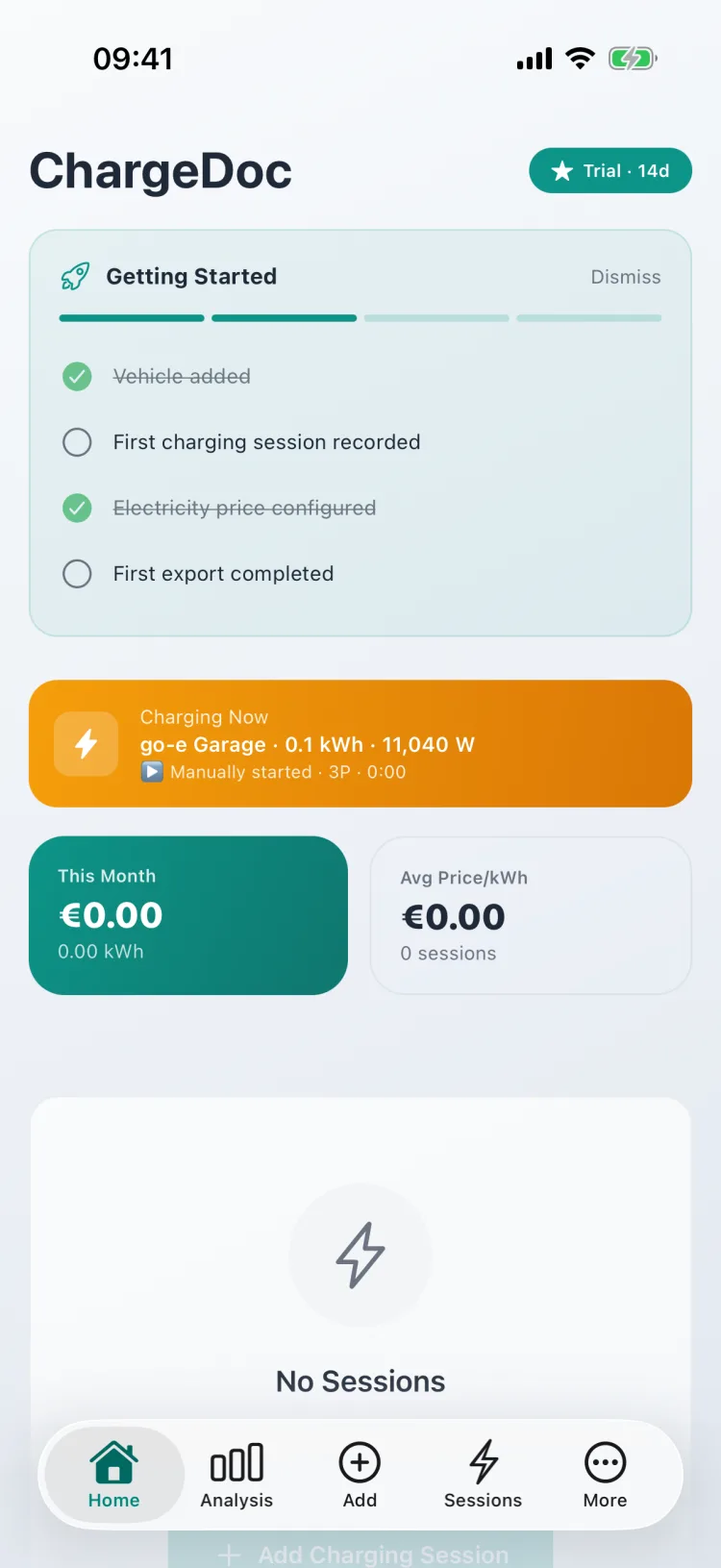 Live "Charging now" banner on the dashboard