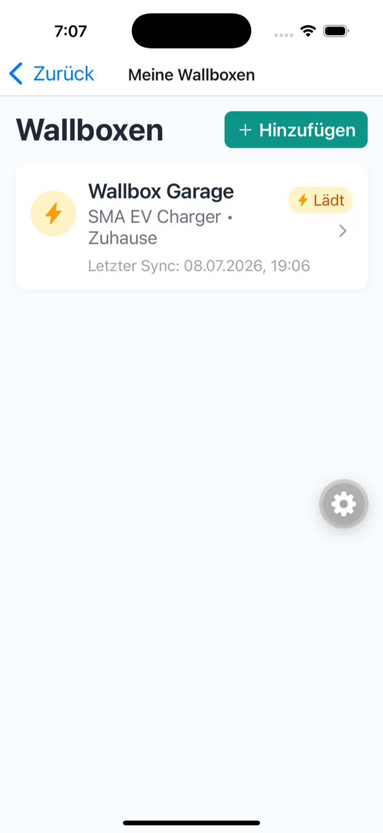 Wallbox in the list with charging status