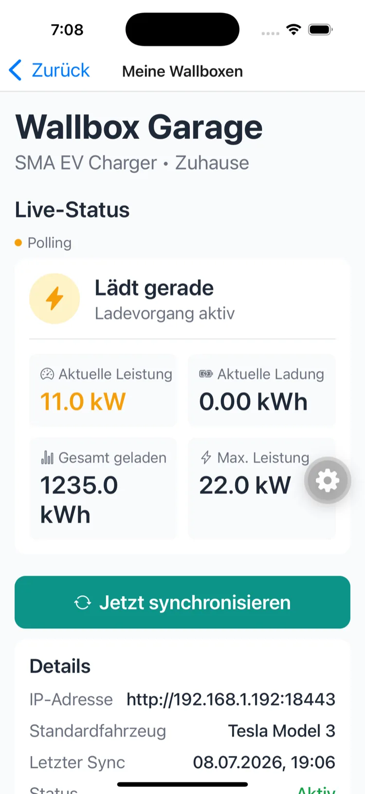 Live status of the SMA wallbox with power and energy