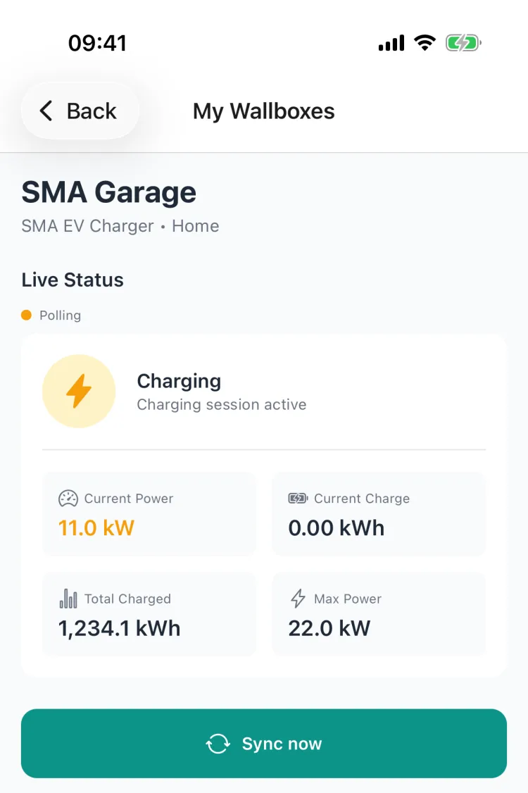 Live status of the SMA wallbox with power and energy