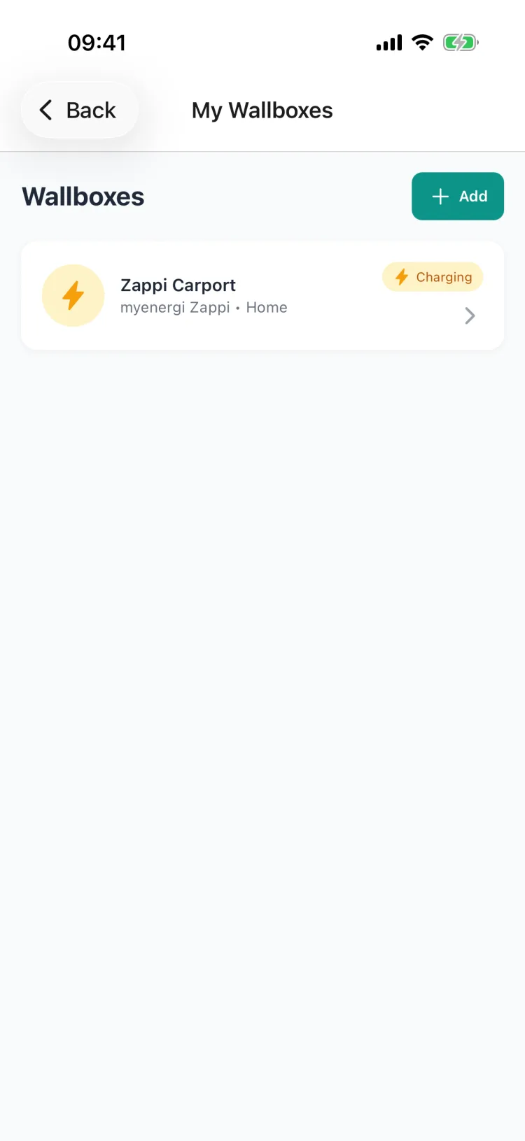 Zappi in the wallbox list with charging status