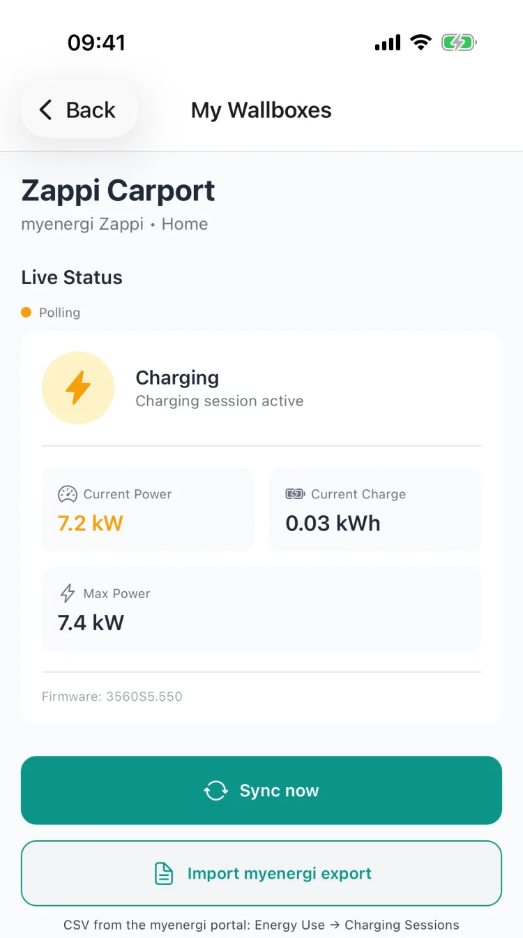 Live status of the zappi with current charging power